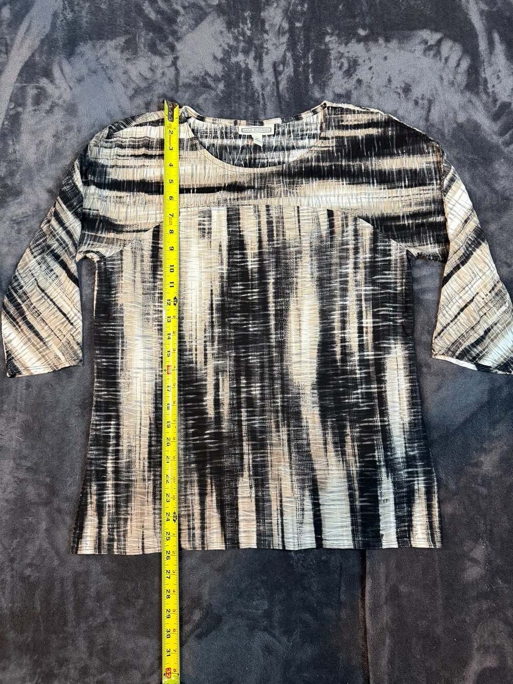 Women’s Dana Buchman Crinkled Top Size M Black Beige Abstract 3/4 Sleeve#154